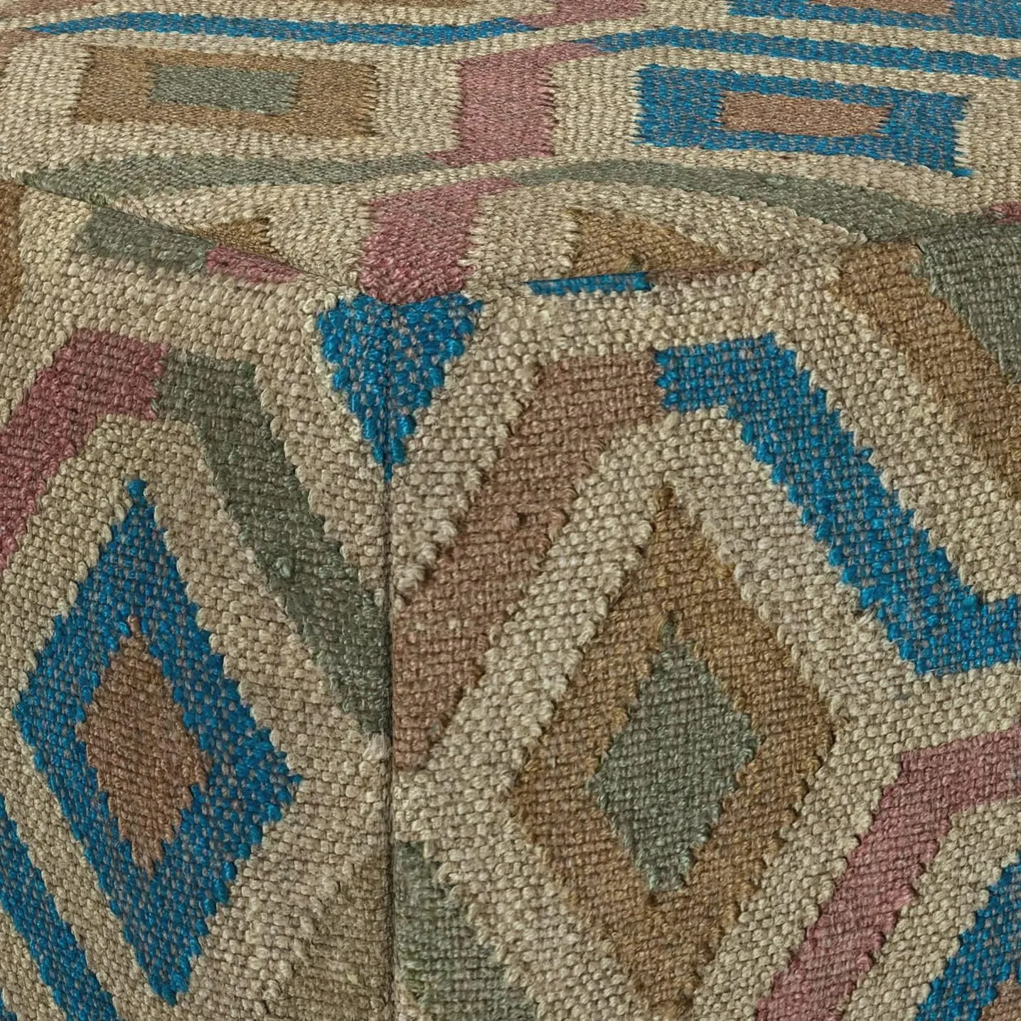 SIMPLIHOME Johanna Boho Square Pouf in Multi-Color KILIM Woven Jute for the Living Room, Bedroom and Kids Room
