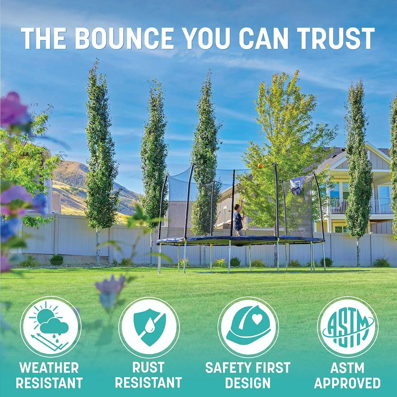 Skywalker Trampoline Outdoor 8 FT, 12 FT, 15 FT Jump N’ Dunk Round Outdoor Trampoline with Net, Trampoline Mat, and Basketball Hoop for Trampoline
