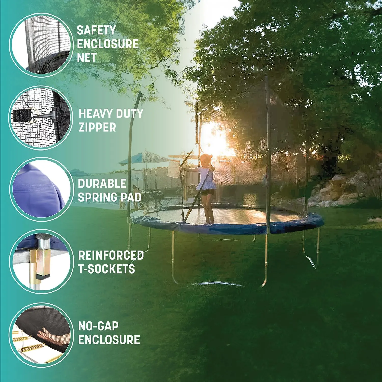 Skywalker Trampoline Outdoor 8 FT, 12 FT, 15 FT Jump N’ Dunk Round Outdoor Trampoline with Net, Trampoline Mat, and Basketball Hoop for Trampoline