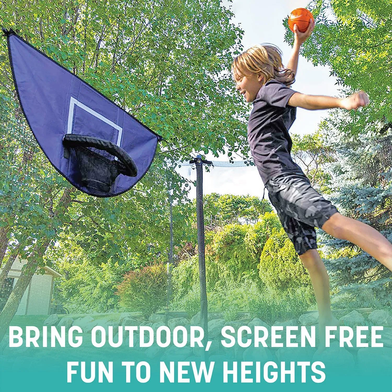 Skywalker Trampoline Outdoor 8 FT, 12 FT, 15 FT Jump N’ Dunk Round Outdoor Trampoline with Net, Trampoline Mat, and Basketball Hoop for Trampoline