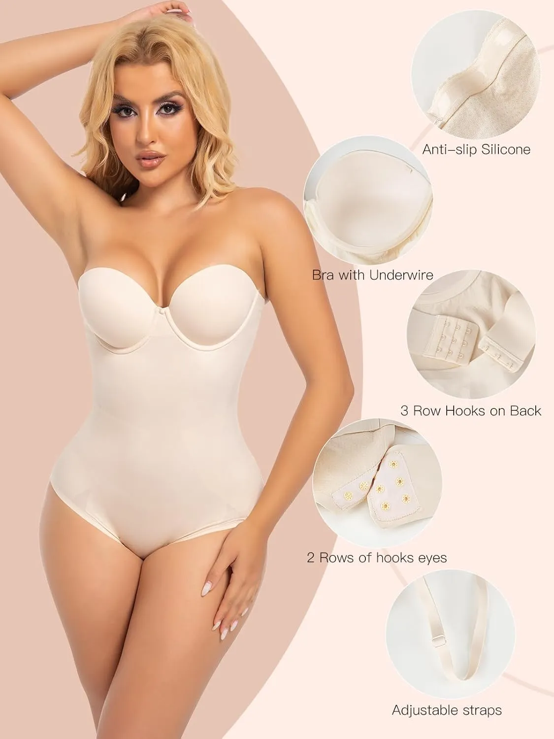 Slimers Strapless Shapewear Seamless Bodysuit - Tummy Control Sculpt Body Shaper : Removable Straps Butt Lifting Shapewear