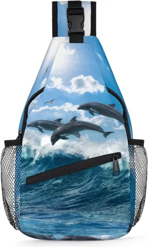 Sling Backpack Ocean Sea Animal Dolphin Jump,Shoulder Chest Bag Crossbody Sling Bag Travel Hiking Daypack for Women Men
