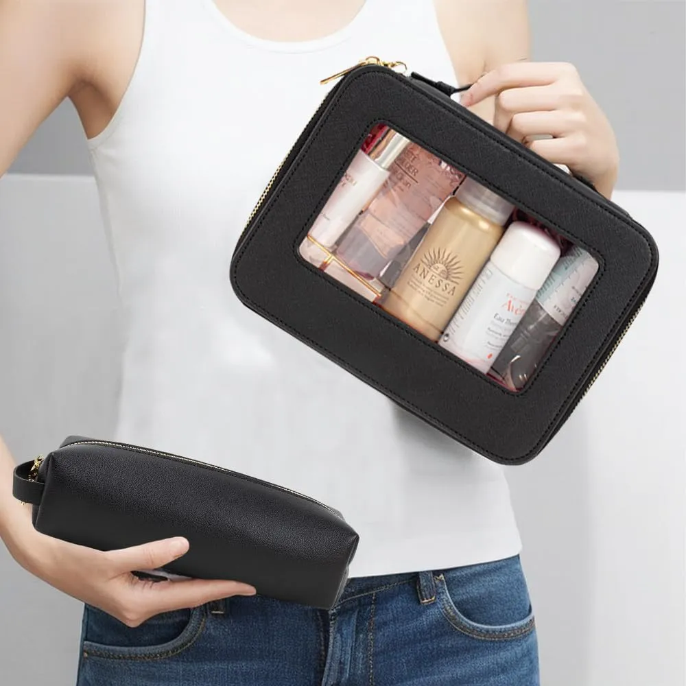 Small Clear Makeup Bag with Makeup Brush Bag, Mini Makeup Pouch Clear Car Organizer Bag Travel Toiletry Pouch Slim Makeup Brush Holder Clear Makeup Bags Small with Zipper Purse Essential for Car