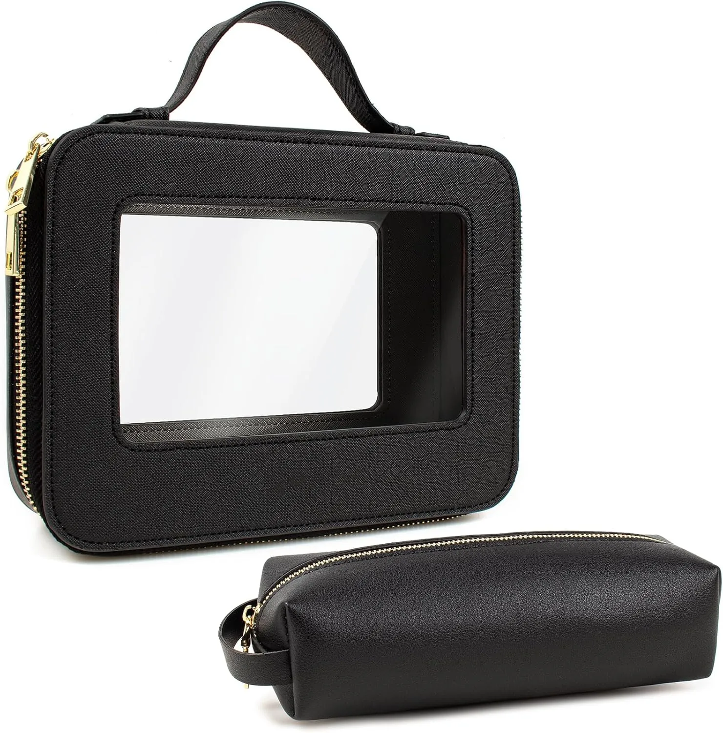 Small Clear Makeup Bag with Makeup Brush Bag, Mini Makeup Pouch Clear Car Organizer Bag Travel Toiletry Pouch Slim Makeup Brush Holder Clear Makeup Bags Small with Zipper Purse Essential for Car