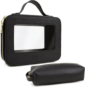 Small Clear Makeup Bag with Makeup Brush Bag, Mini Makeup Pouch Clear Car Organizer Bag Travel Toiletry Pouch Slim Makeup Brush Holder Clear Makeup Bags Small with Zipper Purse Essential for Car