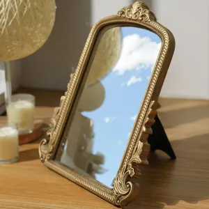 Small Gold Mirror, Vintage Vanity Makeup Desk Mirror, Tabletop 11.8" x 9.6" Wood Framed Antique Decor Mirror, Standing Arched Desktop Mirror for Living Room, Bedroom, Bathroom