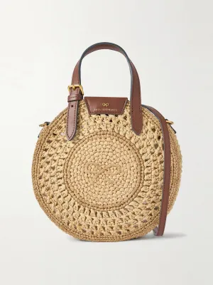 Small leather-trimmed crocheted raffia tote
