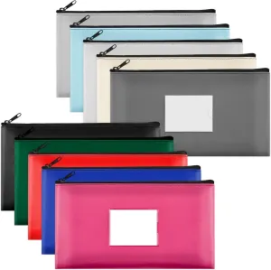 SMARTAKE 10-Pack Bank Deposit Money Bags with Zipper, 10 Colors Leather Bags Wallet Pouches with Label, Makeup Bags, for Cash, Coins, Cosmetics, Invoice, Bills, Tools, 11.5 x 6.2 Inches