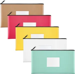 SMARTAKE 5-Pack Money Bags with Zipper, PU Leather Bank Deposit Bags, Waterproof Money Pouch for Organize Cash, Coins, Cosmetics, Invoice, Bills, Tools, 11.5 x 6.2 Inches, Macaroon Colors