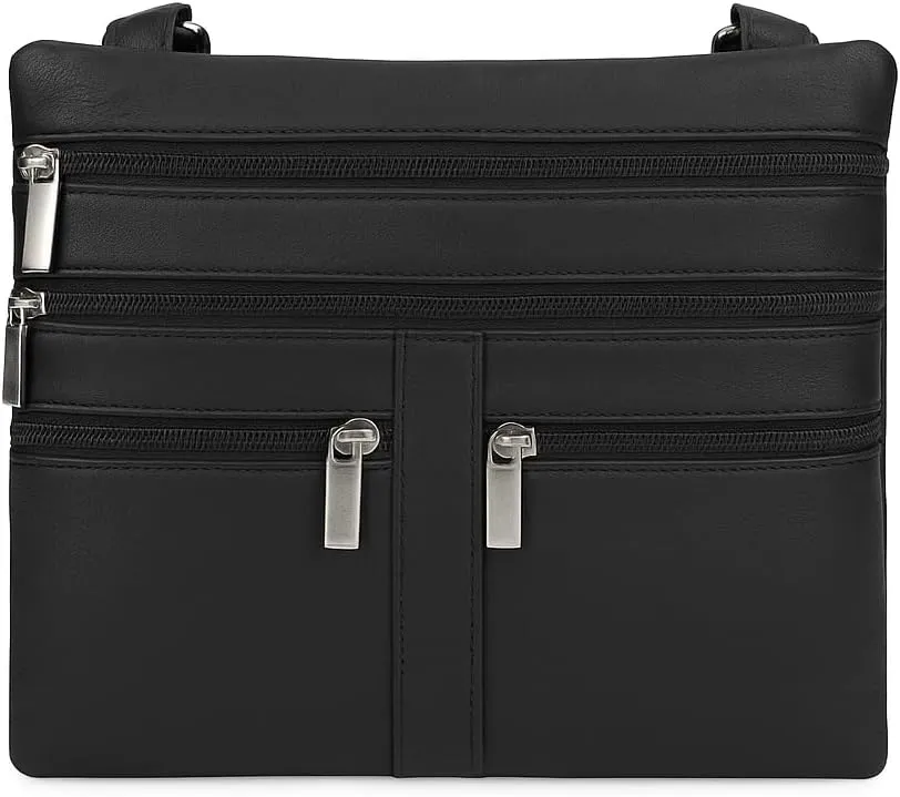 Soft Leather Cross Body Bag Purse Shoulder Bag 5 Pocket Organizer Micro HandbagTravel Wallet 7 colors (Black)
