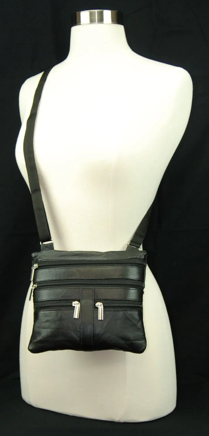 Soft Leather Cross Body Bag Purse Shoulder Bag 5 Pocket Organizer Micro HandbagTravel Wallet 7 colors (Black)