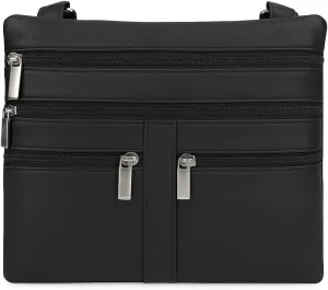 Soft Leather Cross Body Bag Purse Shoulder Bag 5 Pocket Organizer Micro HandbagTravel Wallet 7 colors (Black)