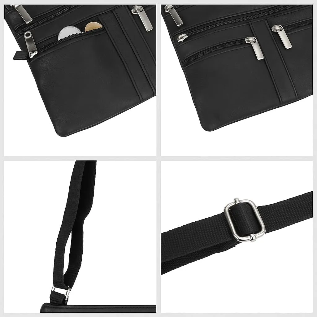 Soft Leather Cross Body Bag Purse Shoulder Bag 5 Pocket Organizer Micro HandbagTravel Wallet 7 colors (Black)