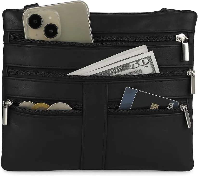 Soft Leather Cross Body Bag Purse Shoulder Bag 5 Pocket Organizer Micro HandbagTravel Wallet 7 colors (Black)