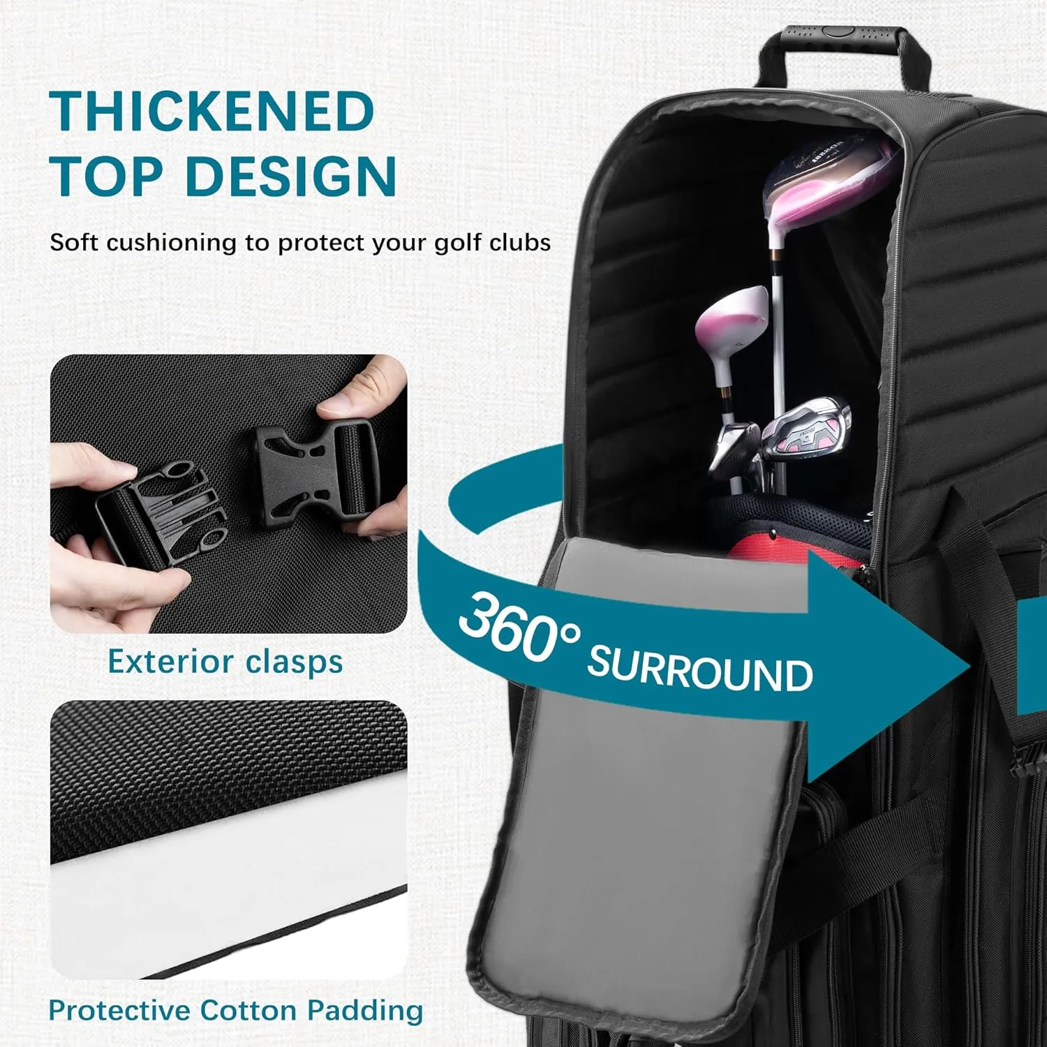 Soft-Sided Golf Travel Bag Cover with Wheels, 1680D Material with Padded Head and Leather Accents, Foldable Travel Golf Bags for Airlines
