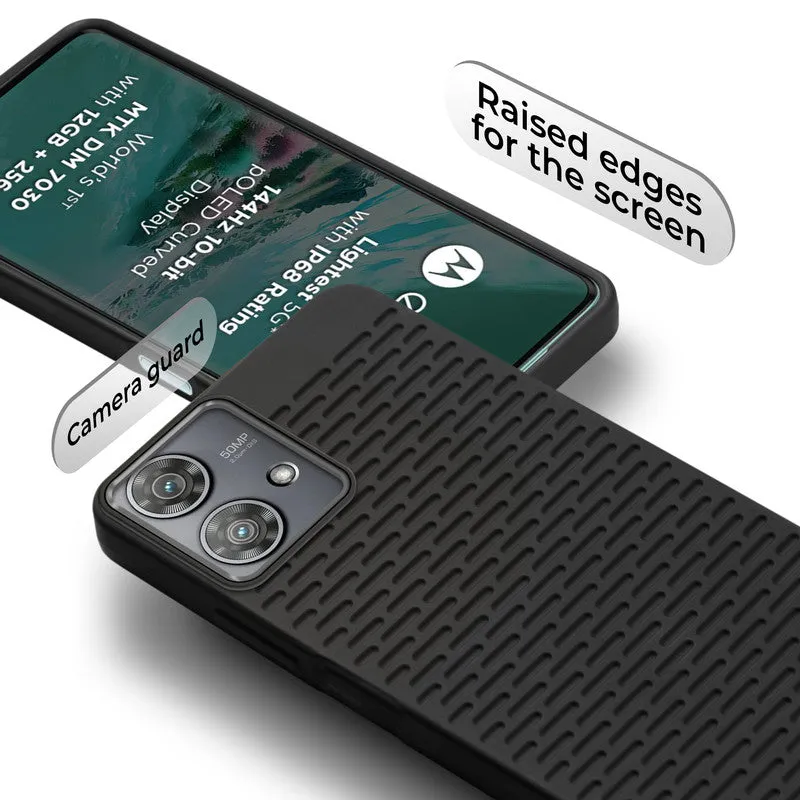 Soft Silicone Mobile Back Cover For Motorola Edge 40 Neo 5G with Dash Type Groove and Matte Gray Camera Ring