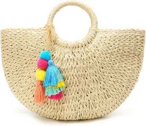 Solyinne Straw Beach Bag Large Woven Straw Bag Handbag Women's Woven Tote Bag Summer Beach Tote with Tassel for Travel