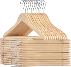 SONGMICS Wooden Hangers, Pack of 24, Coat Hangers, Non-Slip, Pants Bar, 360° Swivel Hooks, for Jackets, Shirts, Coats, Natural Beige UCRW010N24