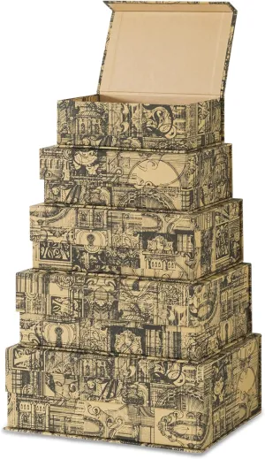 Soul & Lane Vintage Voyage Decorative Cardboard Storage Boxes with Lids - Set of 5 Nesting Keepsake Boxes, Antique-Style Organizers with Magnetic Closure for Home Décor, Memories, and Gifts