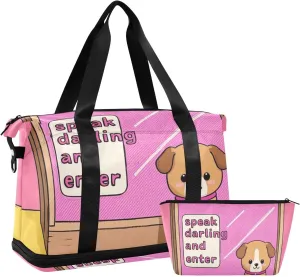 Speak Darling and Enter Cartoon Cute Funny Brown Dog Duffel Bag Overnight Carry On Tote and Luggage with Adjustable Strap for Sports 2 Pcs Set