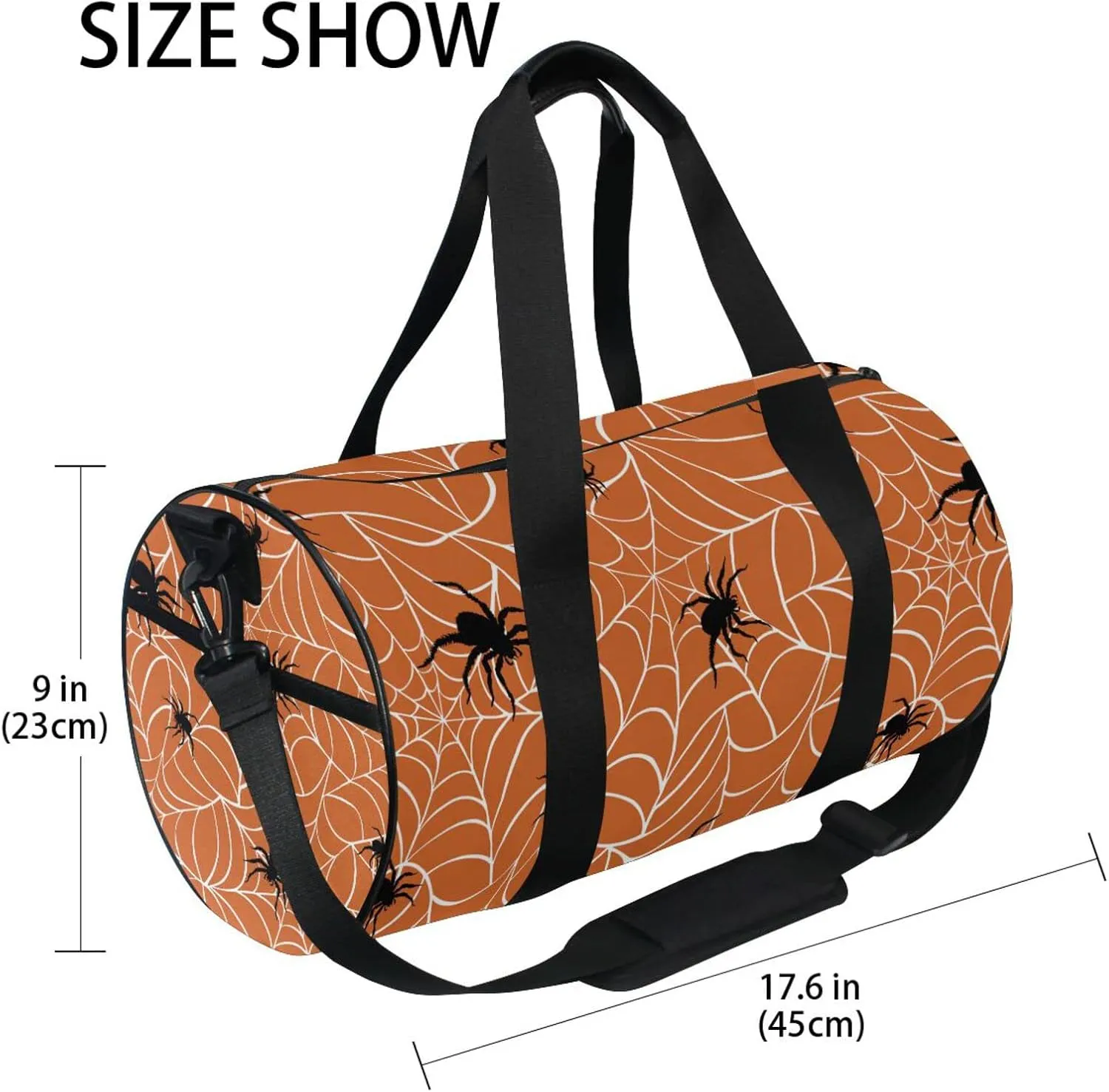 Spiders on Webs Seamless Pattern on Orange Duffel Bag, Foldable Canvas Travel Tote for Gym Sports with Inner Pockets, Durable Lightweight Fitness Bag for Overnight Workout