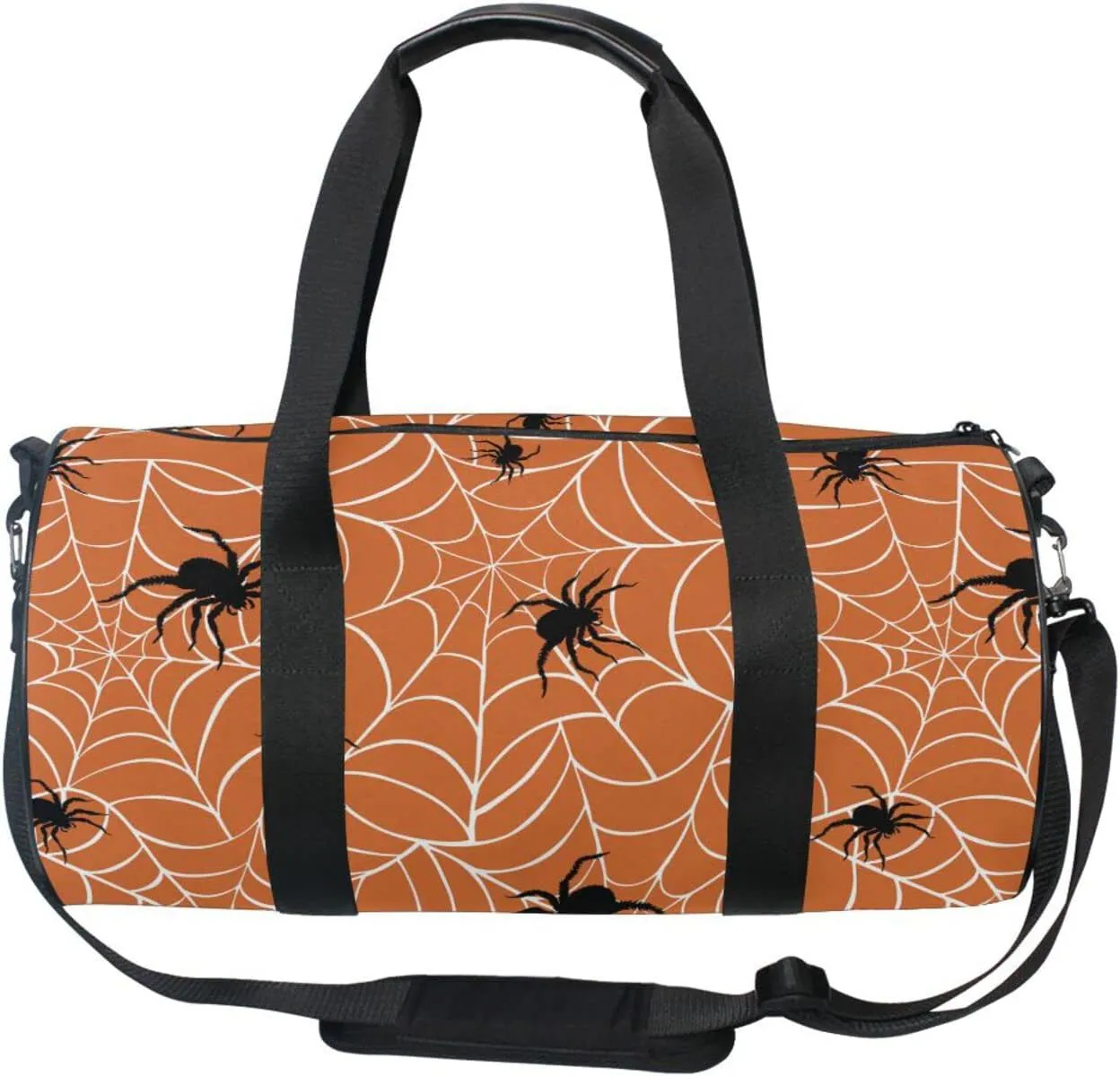 Spiders on Webs Seamless Pattern on Orange Duffel Bag, Foldable Canvas Travel Tote for Gym Sports with Inner Pockets, Durable Lightweight Fitness Bag for Overnight Workout