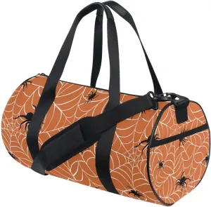 Spiders on Webs Seamless Pattern on Orange Duffel Bag, Foldable Canvas Travel Tote for Gym Sports with Inner Pockets, Durable Lightweight Fitness Bag for Overnight Workout