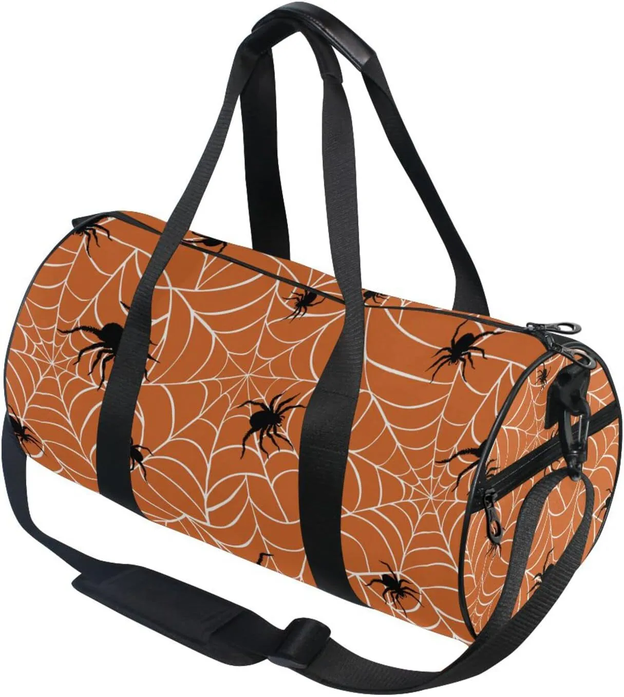 Spiders on Webs Seamless Pattern on Orange Duffel Bag, Foldable Canvas Travel Tote for Gym Sports with Inner Pockets, Durable Lightweight Fitness Bag for Overnight Workout