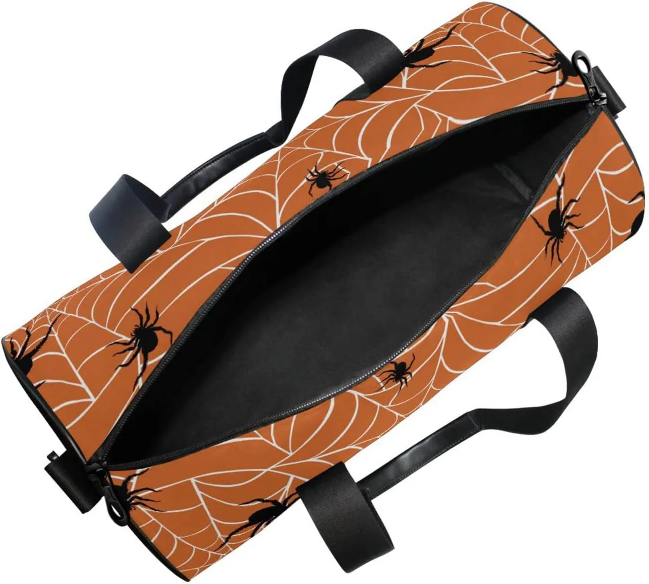 Spiders on Webs Seamless Pattern on Orange Duffel Bag, Foldable Canvas Travel Tote for Gym Sports with Inner Pockets, Durable Lightweight Fitness Bag for Overnight Workout