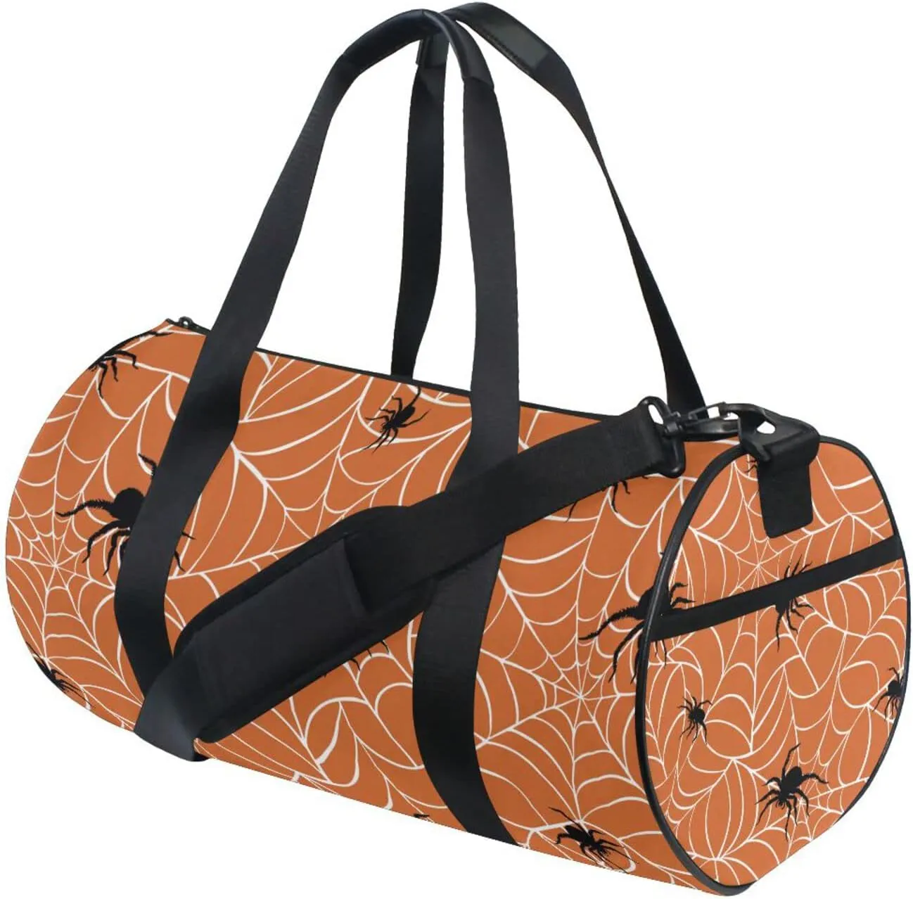 Spiders on Webs Seamless Pattern on Orange Duffel Bag, Foldable Canvas Travel Tote for Gym Sports with Inner Pockets, Durable Lightweight Fitness Bag for Overnight Workout