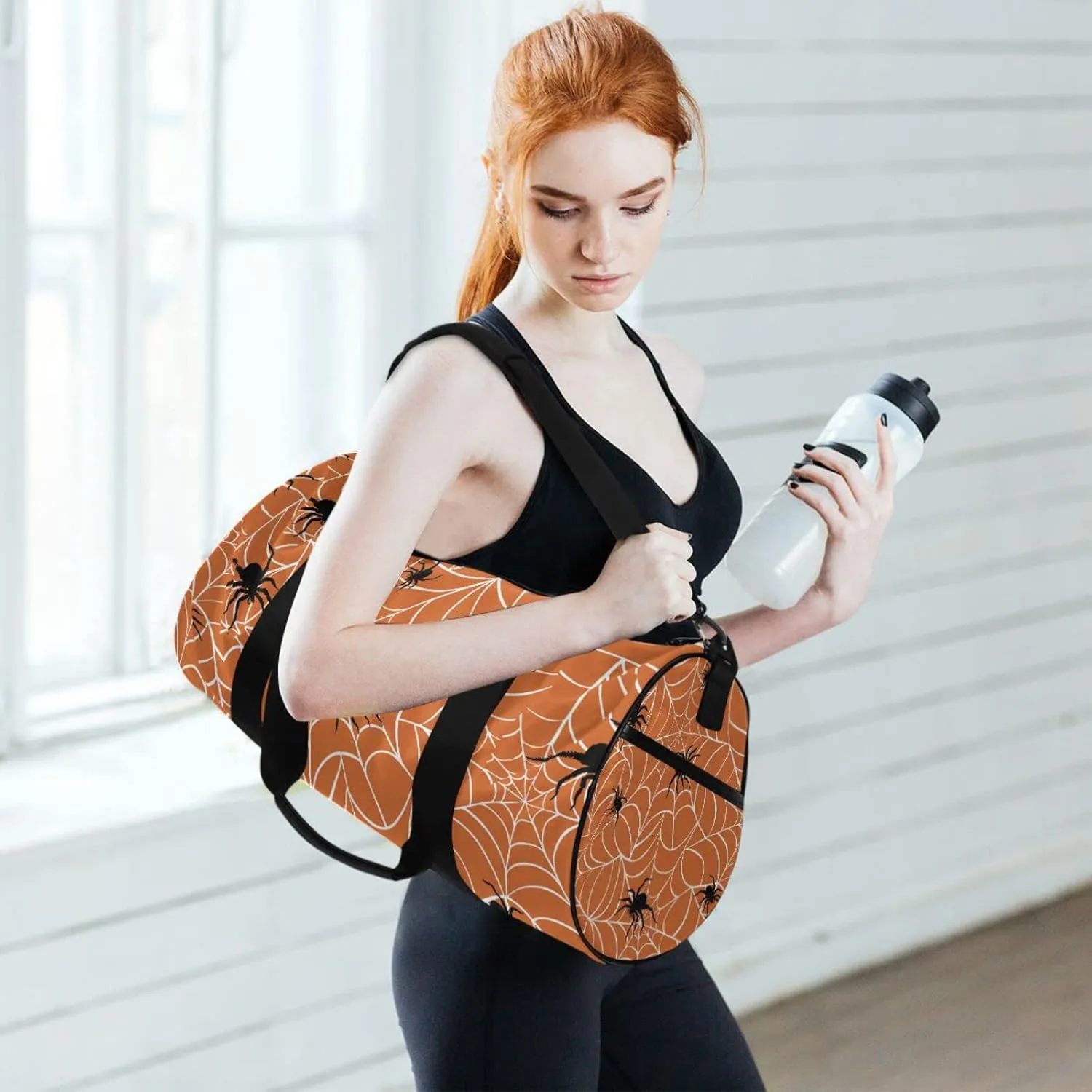 Spiders on Webs Seamless Pattern on Orange Duffel Bag, Foldable Canvas Travel Tote for Gym Sports with Inner Pockets, Durable Lightweight Fitness Bag for Overnight Workout