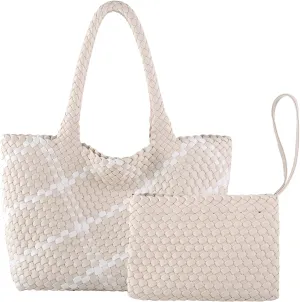 SporGenius Woven Tote Bag for Women, Vegan Leather Beach Bags with Small Purse, Large Travel Top Handle Handbags