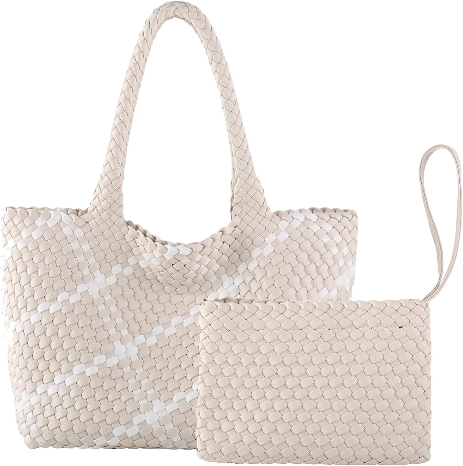 SporGenius Woven Tote Bag for Women, Vegan Leather Beach Bags with Small Purse, Large Travel Top Handle Handbags