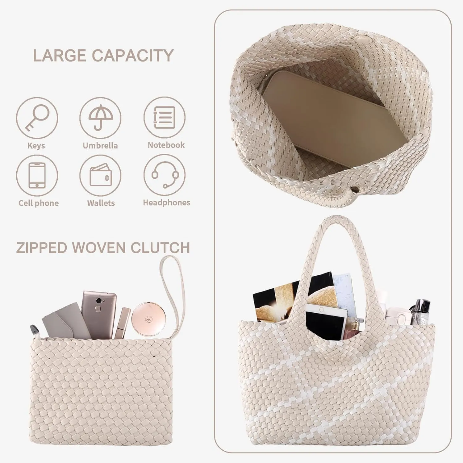 SporGenius Woven Tote Bag for Women, Vegan Leather Beach Bags with Small Purse, Large Travel Top Handle Handbags