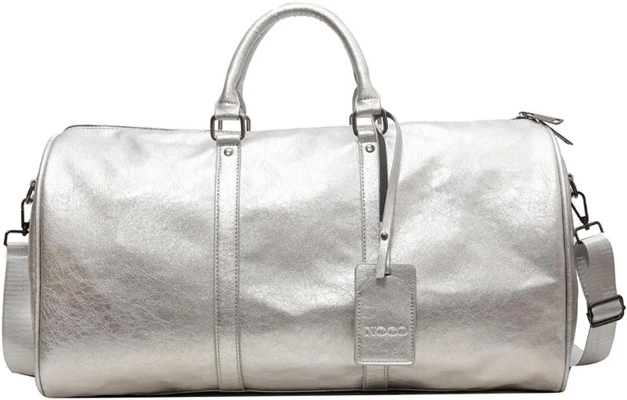 Sports Gym Bag Carry on Bag Portable PU Leather Fashion Large Travel Duffle Bag Overnight Bag for Exercise Weekend Sports Gym, Silver