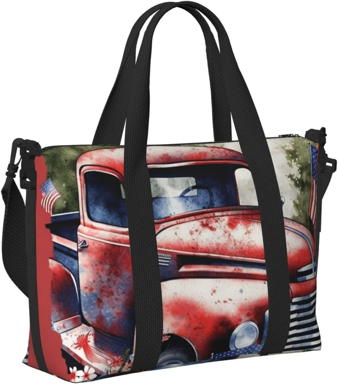 Sports Gym Bag for Women Men Travel Duffel Bag Tote Weekender Bag Carry on Overnight Bag for Travel Swimming Fitness Workout Sports 4th Of July Patriotic Old Red Truck Duffle Bag