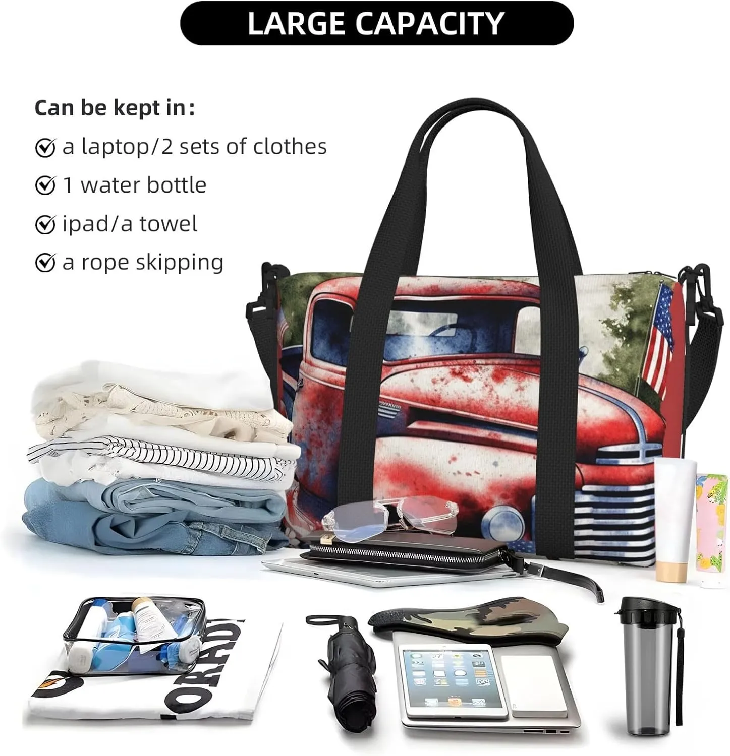 Sports Gym Bag for Women Men Travel Duffel Bag Tote Weekender Bag Carry on Overnight Bag for Travel Swimming Fitness Workout Sports 4th Of July Patriotic Old Red Truck Duffle Bag