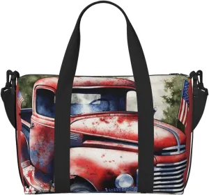 Sports Gym Bag for Women Men Travel Duffel Bag Tote Weekender Bag Carry on Overnight Bag for Travel Swimming Fitness Workout Sports 4th Of July Patriotic Old Red Truck Duffle Bag