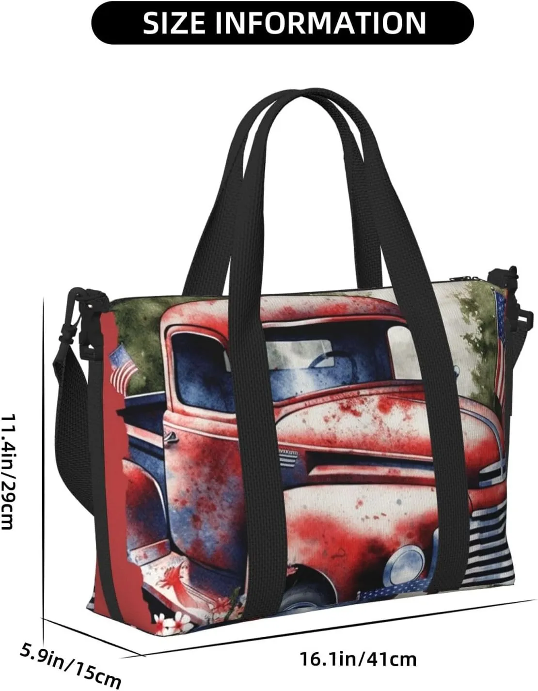 Sports Gym Bag for Women Men Travel Duffel Bag Tote Weekender Bag Carry on Overnight Bag for Travel Swimming Fitness Workout Sports 4th Of July Patriotic Old Red Truck Duffle Bag
