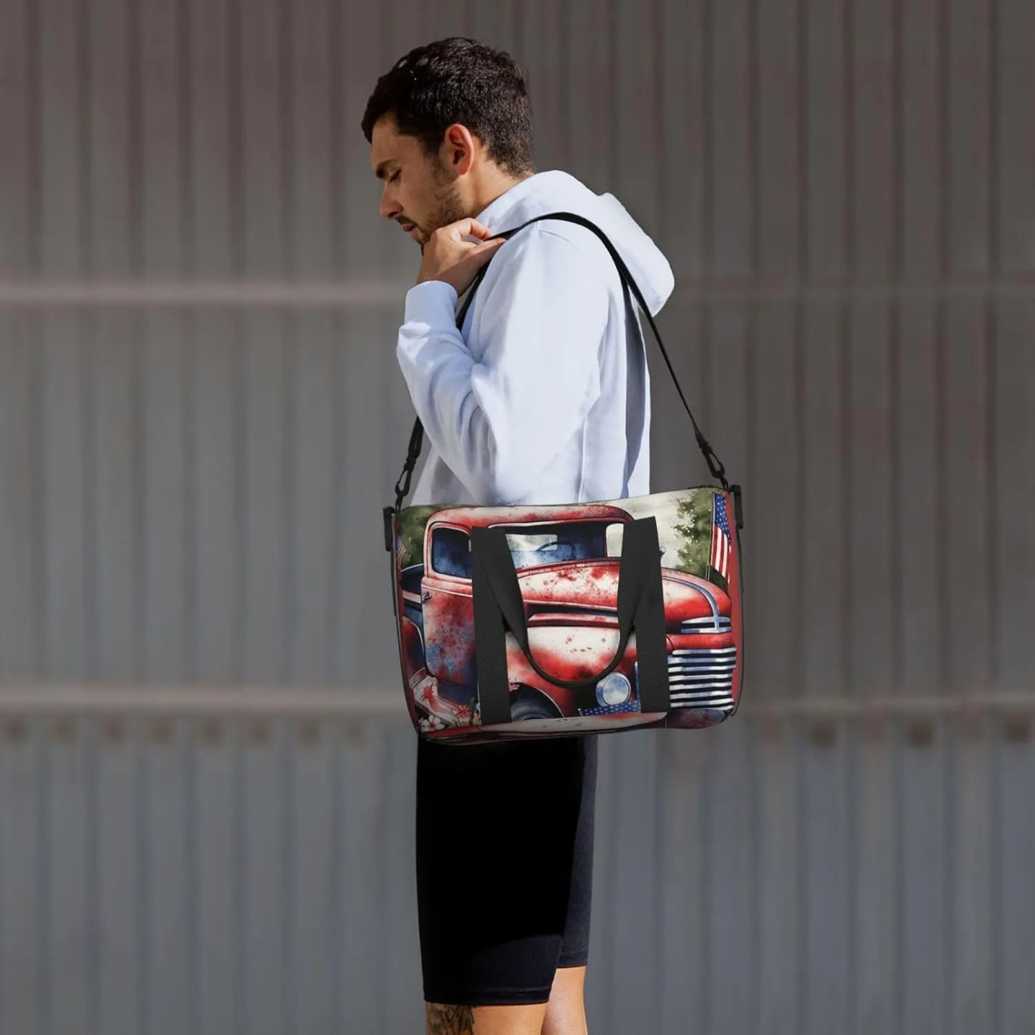 Sports Gym Bag for Women Men Travel Duffel Bag Tote Weekender Bag Carry on Overnight Bag for Travel Swimming Fitness Workout Sports 4th Of July Patriotic Old Red Truck Duffle Bag