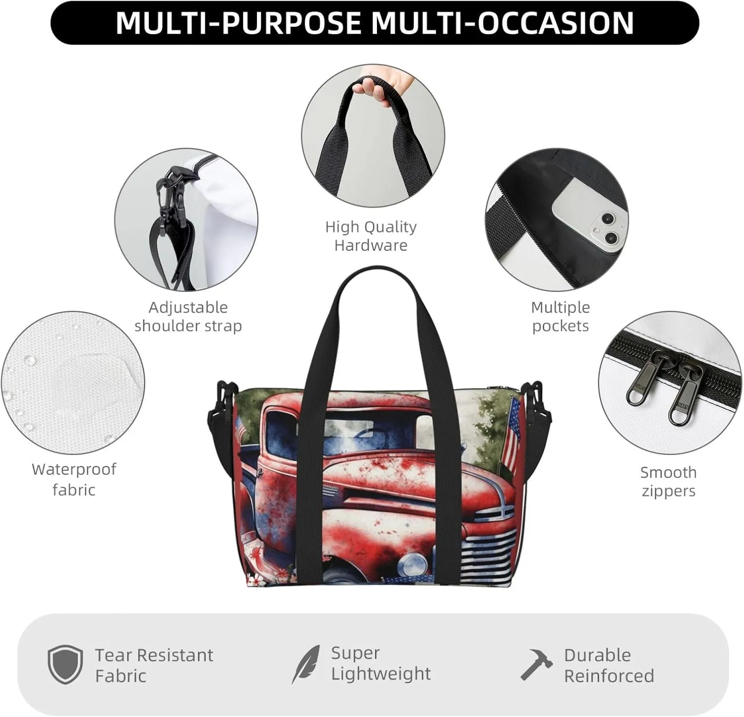 Sports Gym Bag for Women Men Travel Duffel Bag Tote Weekender Bag Carry on Overnight Bag for Travel Swimming Fitness Workout Sports 4th Of July Patriotic Old Red Truck Duffle Bag