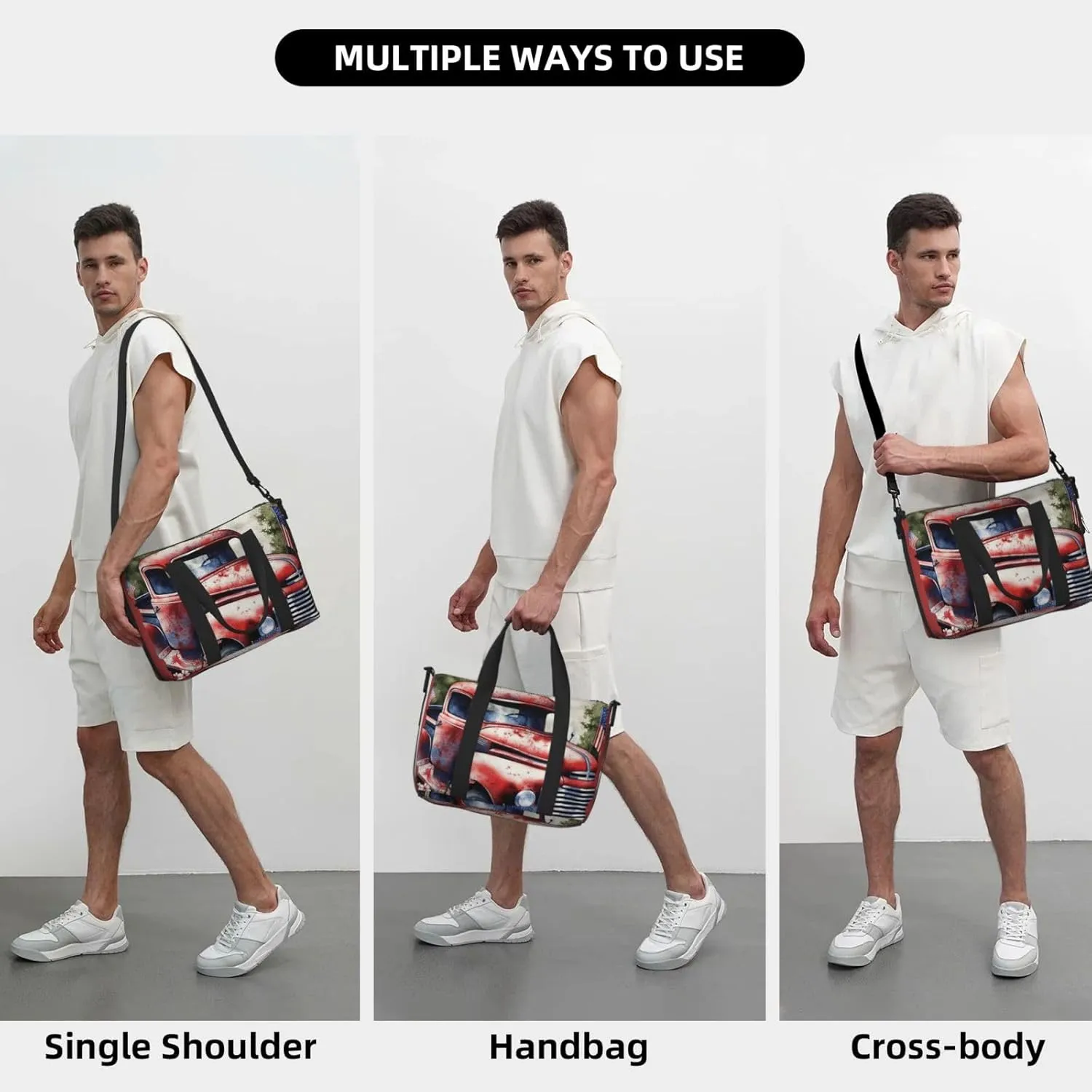 Sports Gym Bag for Women Men Travel Duffel Bag Tote Weekender Bag Carry on Overnight Bag for Travel Swimming Fitness Workout Sports 4th Of July Patriotic Old Red Truck Duffle Bag