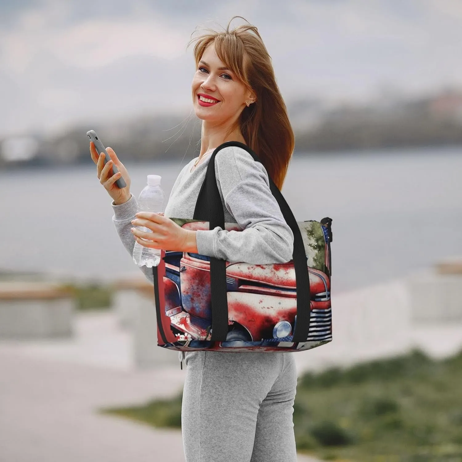 Sports Gym Bag for Women Men Travel Duffel Bag Tote Weekender Bag Carry on Overnight Bag for Travel Swimming Fitness Workout Sports 4th Of July Patriotic Old Red Truck Duffle Bag