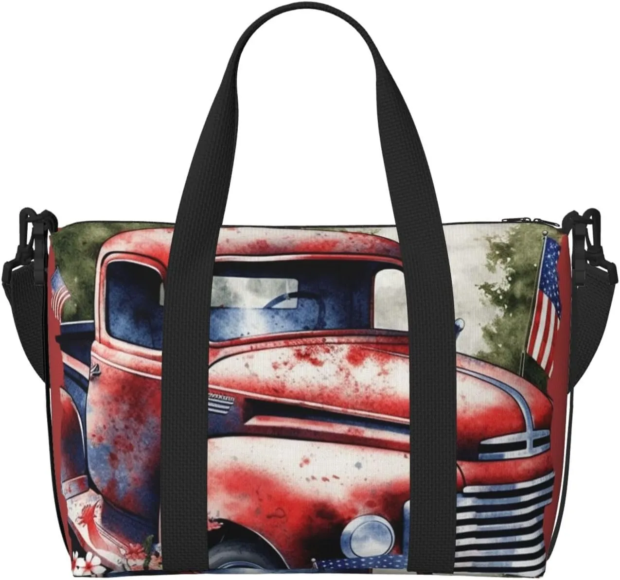 Sports Gym Bag for Women Men Travel Duffel Bag Tote Weekender Bag Carry on Overnight Bag for Travel Swimming Fitness Workout Sports 4th Of July Patriotic Old Red Truck Duffle Bag