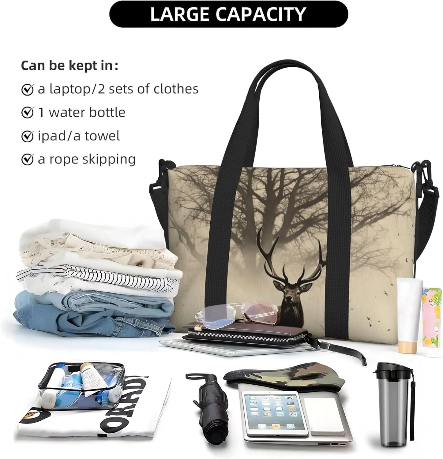 Sports Gym Bag for Women Men Travel Duffel Bag Tote Weekender Bag Carry on Overnight Bag for Travel Swimming Fitness Workout Sports Abstract Tree Elk Picture Duffle Bag