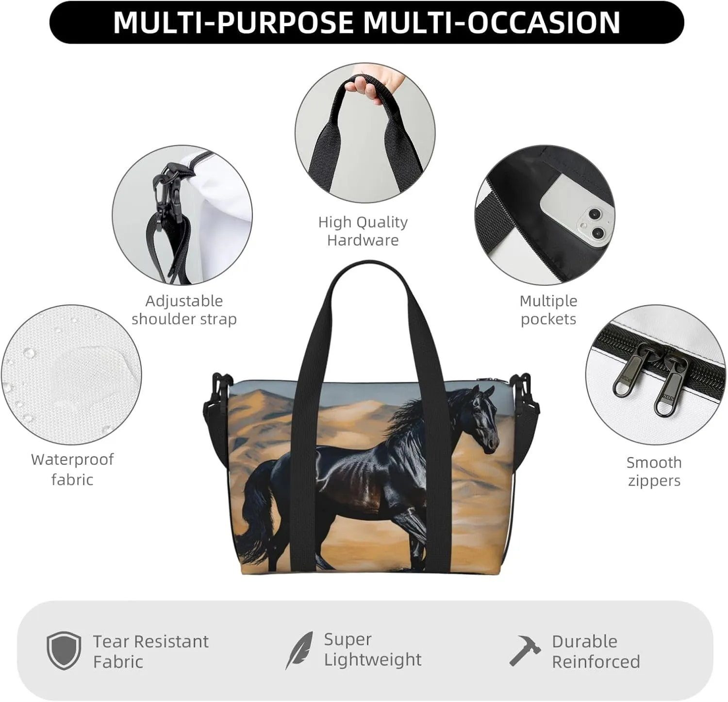 Sports Gym Bag for Women Men Travel Duffel Bag Tote Weekender Bag Carry on Overnight Bag for Travel Swimming Fitness Workout Sports Black arabian horse Duffle Bag