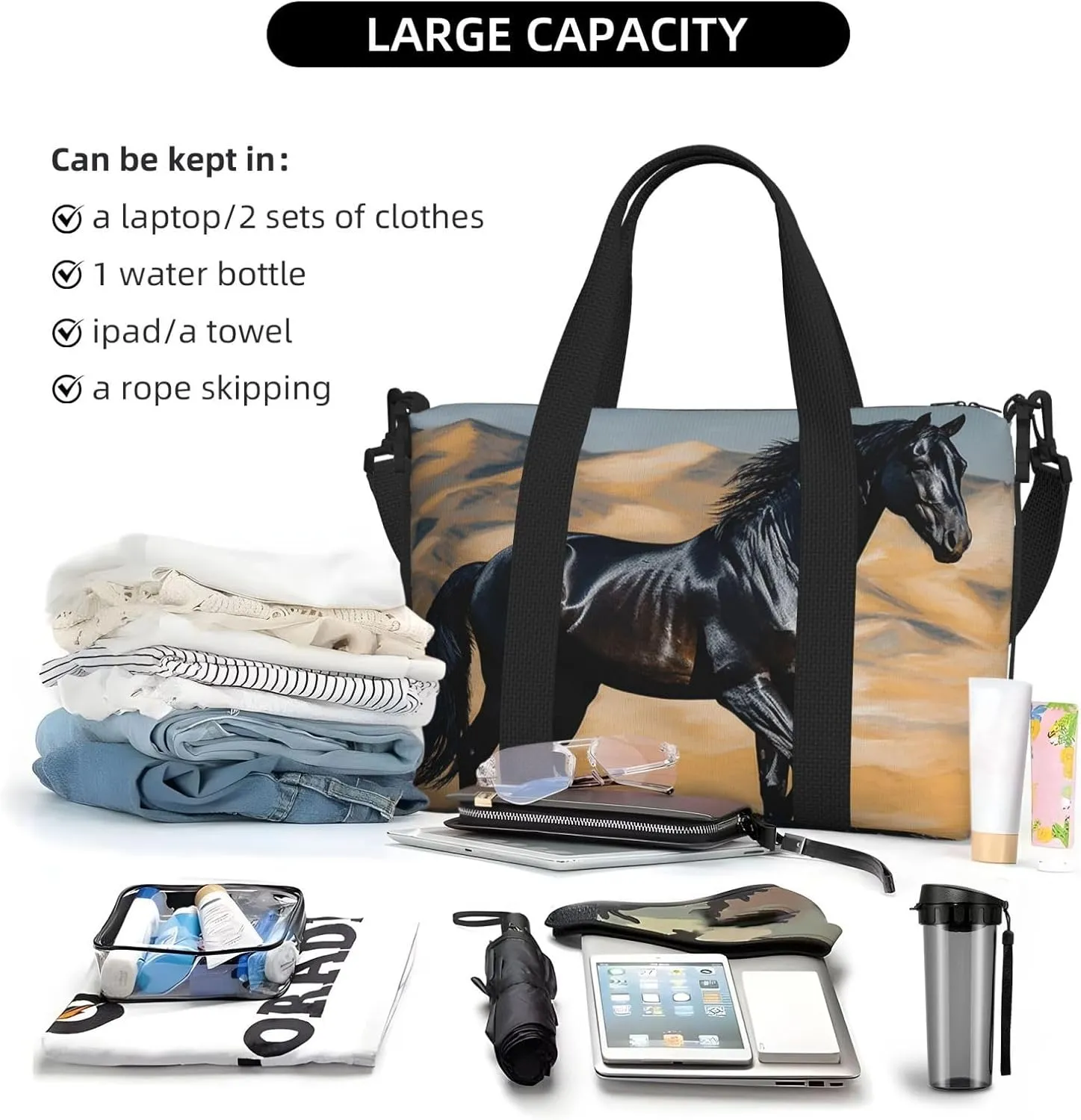 Sports Gym Bag for Women Men Travel Duffel Bag Tote Weekender Bag Carry on Overnight Bag for Travel Swimming Fitness Workout Sports Black arabian horse Duffle Bag