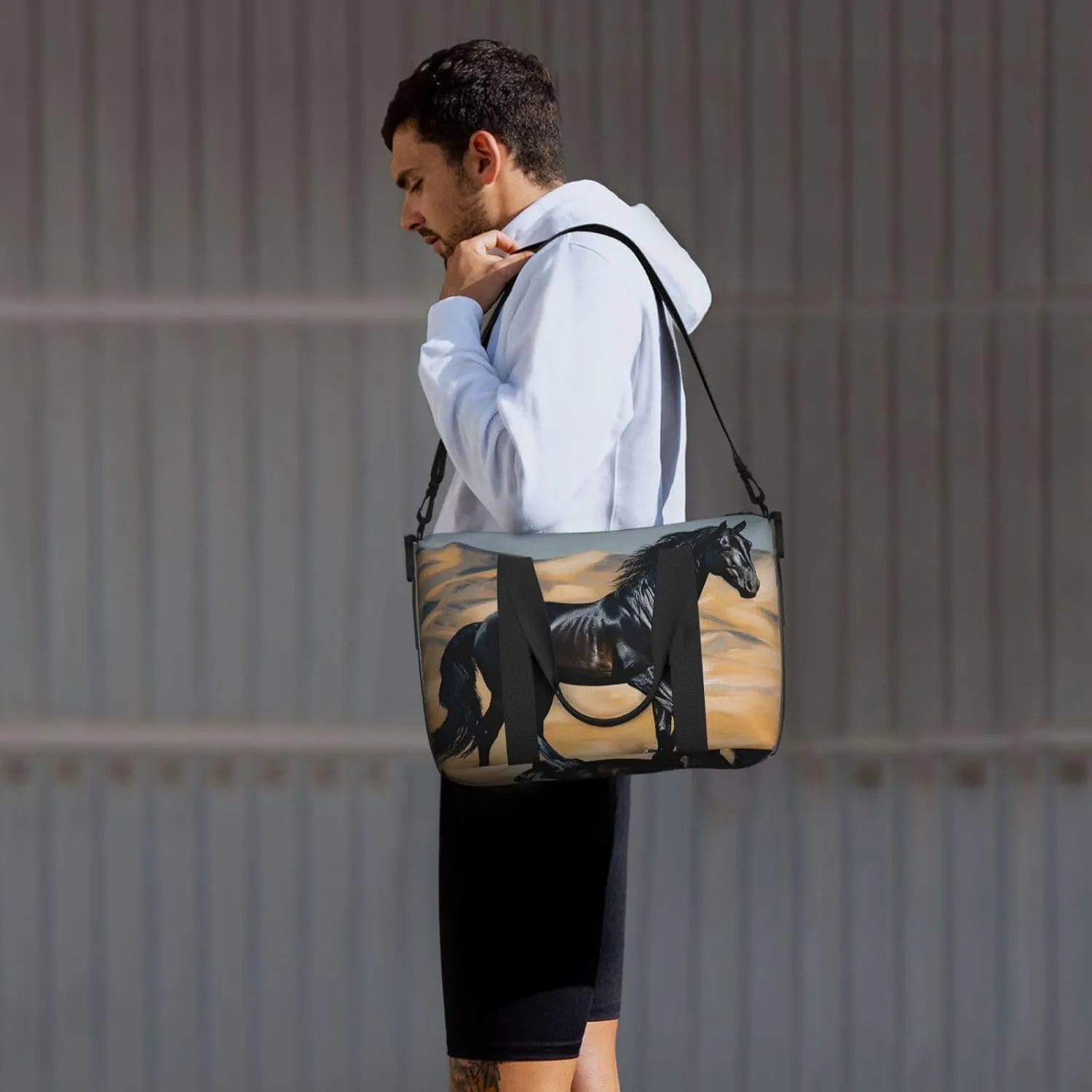 Sports Gym Bag for Women Men Travel Duffel Bag Tote Weekender Bag Carry on Overnight Bag for Travel Swimming Fitness Workout Sports Black arabian horse Duffle Bag
