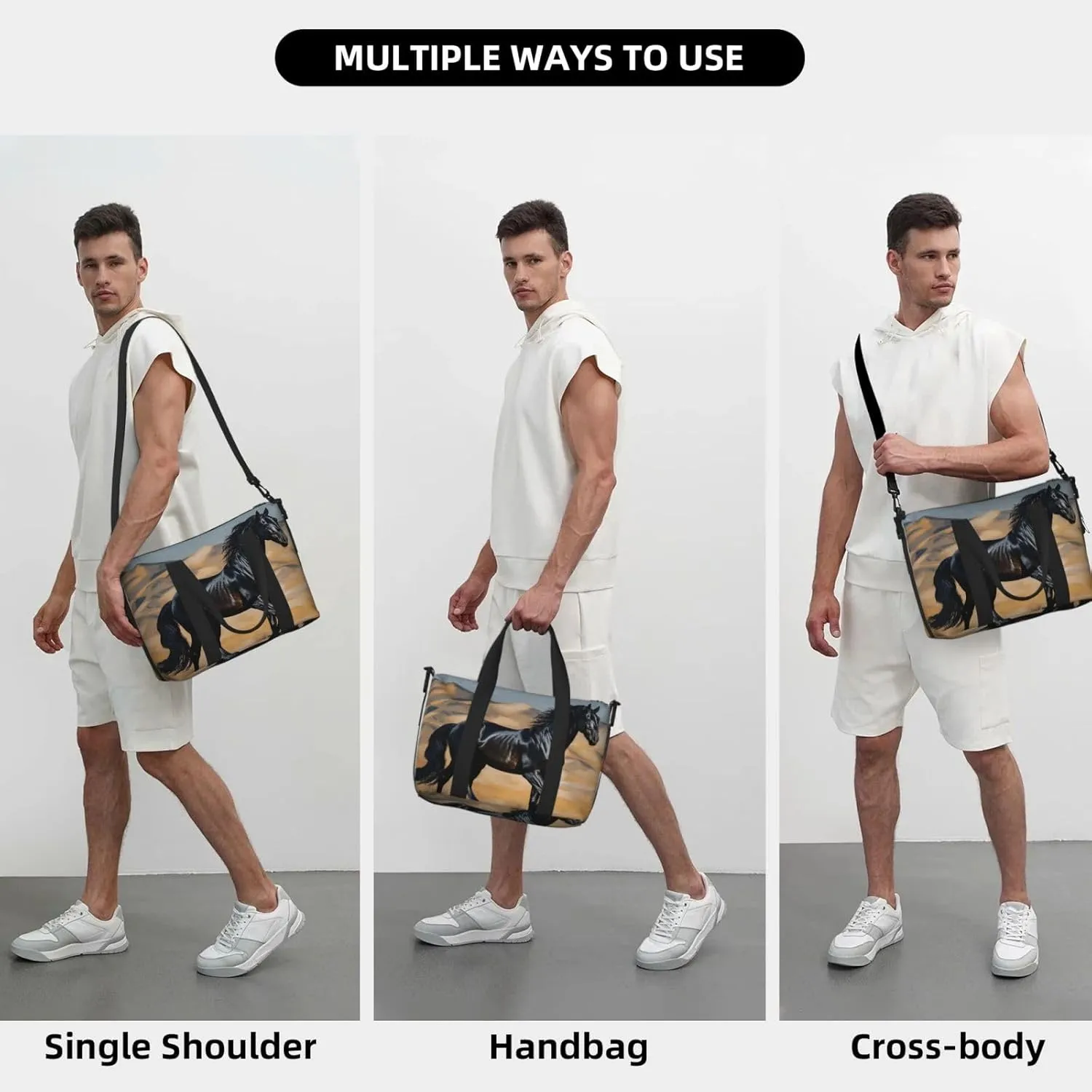Sports Gym Bag for Women Men Travel Duffel Bag Tote Weekender Bag Carry on Overnight Bag for Travel Swimming Fitness Workout Sports Black arabian horse Duffle Bag