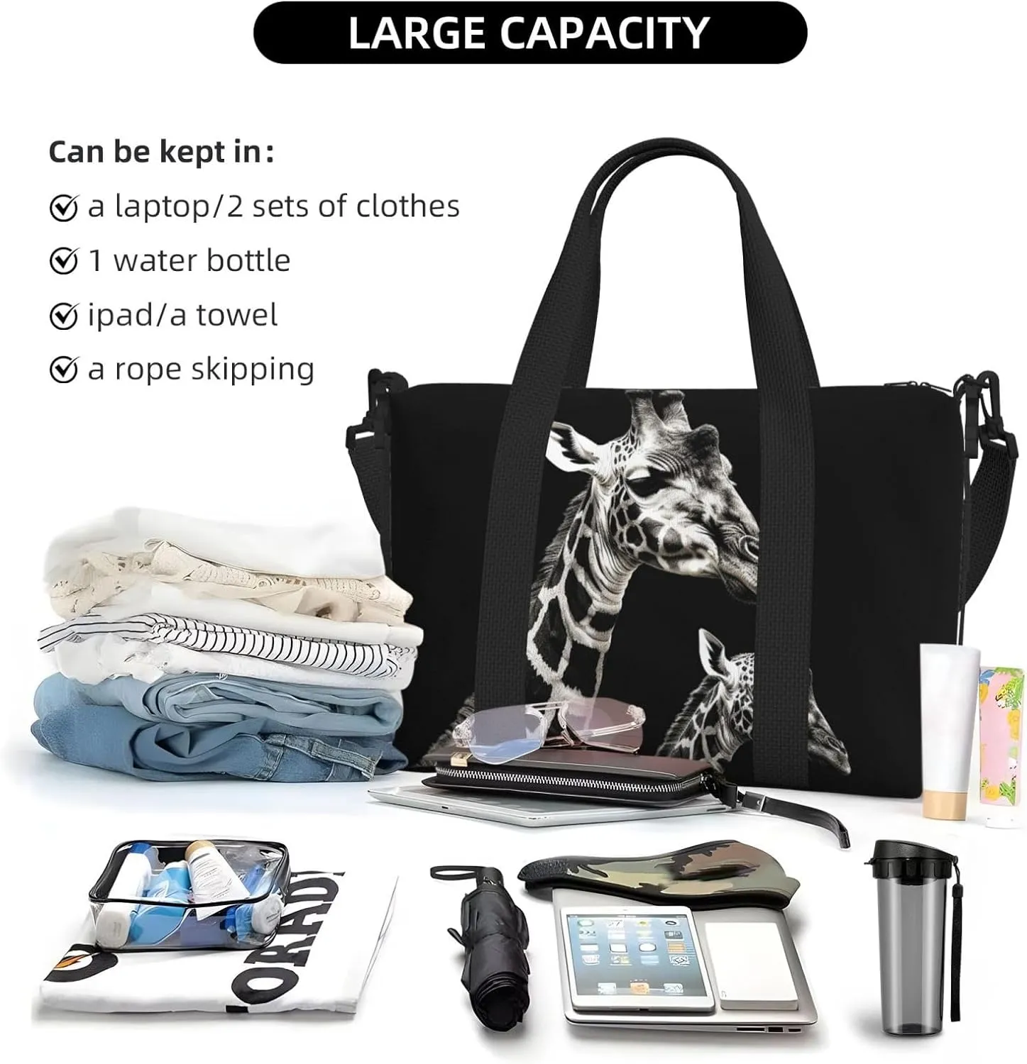 Sports Gym Bag for Women Men Travel Duffel Bag Tote Weekender Bag Carry on Overnight Bag for Travel Swimming Fitness Workout Sports Black Giraffe Duffle Bag